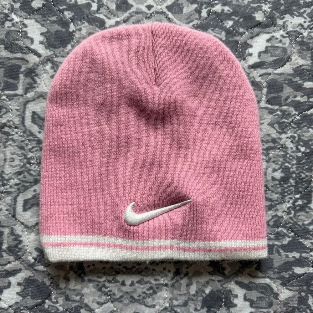 NIKE Light Pink Beanie with Embroidered White Swoosh Y2K